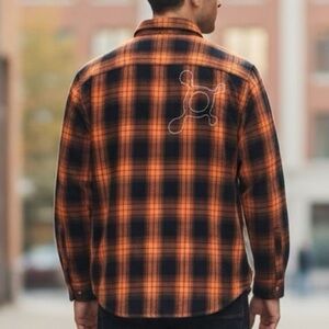ORANGETHEORY FITNESS Orange & Navy Plaid Flannel Button Down Shirt Graphic Back